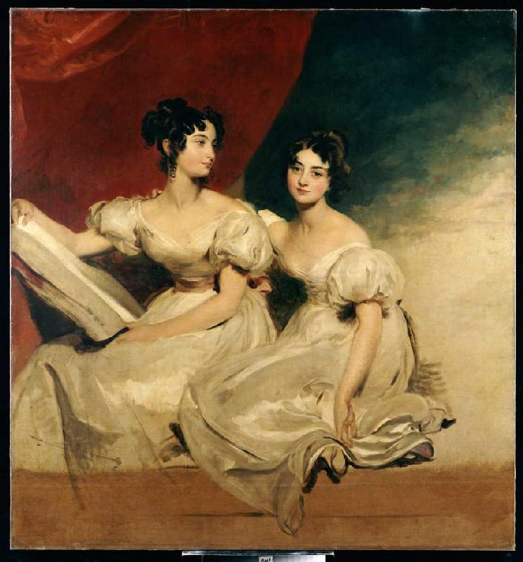 Doppelbildnis der Fullerton Schwestern in weißen Kleidern. von Sir Thomas Lawrence