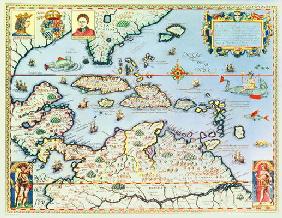 Map of the Caribbean islands and the American state of Florida (coloured engraving) 19th