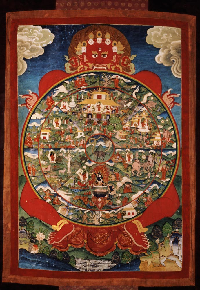 Thangka, depicting Wheel of Life turned - Tibetan als Kunstdruck oder  Gemälde.