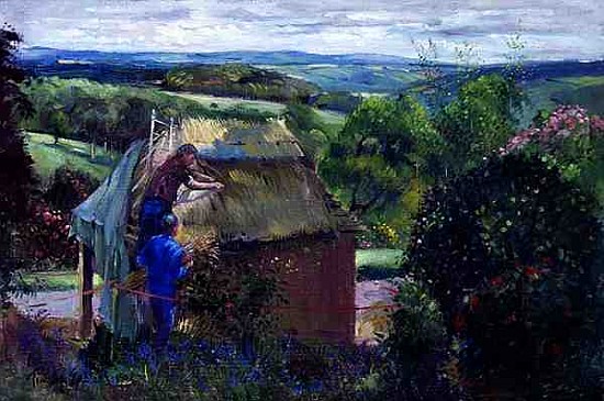 Thatching the Summer House, Lanhydrock House, Cornwall, 1993 (oil on canvas)  von Timothy  Easton