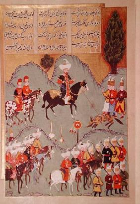Sultan Murad I (c.1326-1389) hunting a wolf, from 'Hunernama' (Mss Hazine. 1524 f.83v) 1588
