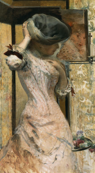 Junge Frau vor dem Spiegel als Kunstdruck oder Gemälde.
