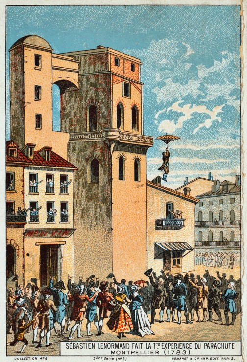 Lenormand springt mit seinem Fallschirm vom Turm des Observatoriums von Montpellier 1783 von Unbekannter Künstler