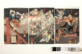 Auf der Brücke kämpfen Ushiwakamaru und der Tengu gegen Benkei Um 1848