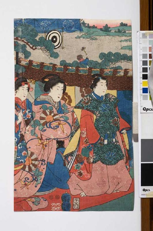 Ein Fest im Freien mit Bogenschießen im Hintergrund - Verso von 38251 von Utagawa Kuniyoshi