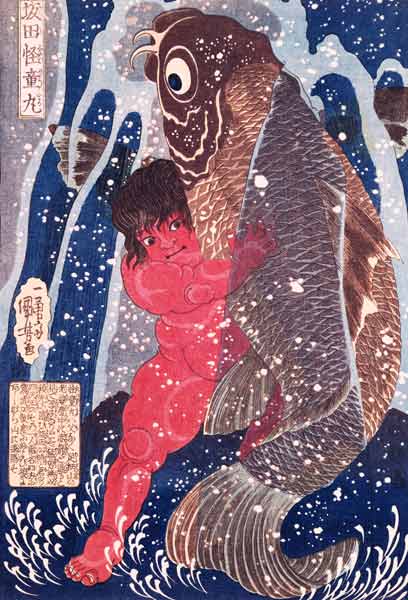 Kintoki Swims up the Waterfall (see also 100501) von Utagawa Kuniyoshi