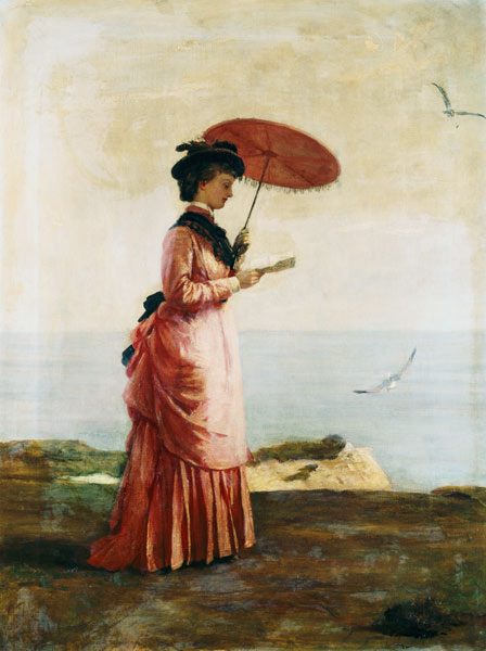 Frau mit Sonnenschirm am Strand der Inse - Valentine Cameron Prinsep als  Kunstdruck oder handgemaltes Gemälde.