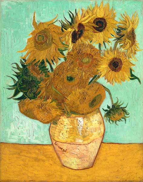 Zwölf Sonnenblumen in einer Vase mit grü - Vincent van Gogh als Kunstdruck  oder