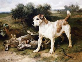 Ein Foxterrier mit der Beute des Tages 1888