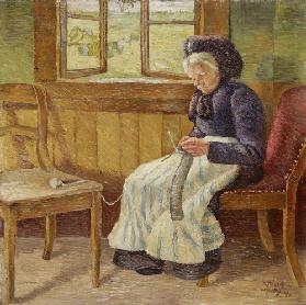 Strickende weißhaarige Frau 1909