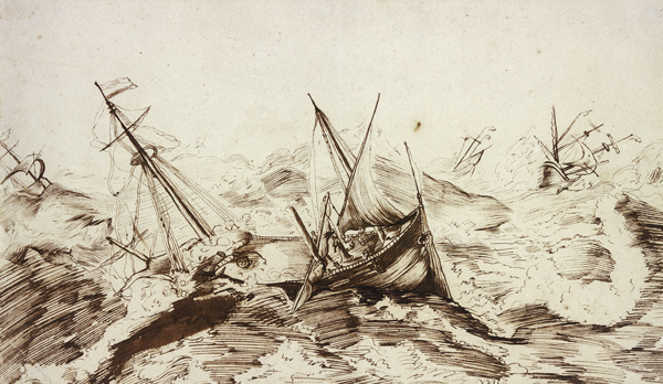 Seesturm, vier Schiffe in Gefahr von Willem van de Velde d. J.