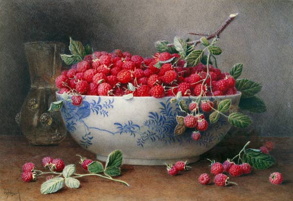 Still Life of Raspberries in a Blue and White Bowl von William B. Hough